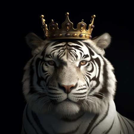 Portrait of a white tiger wearing a golden crown on a black background.の素材
