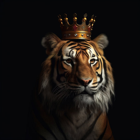 Portrait of a tiger in a crown on a black background.の素材