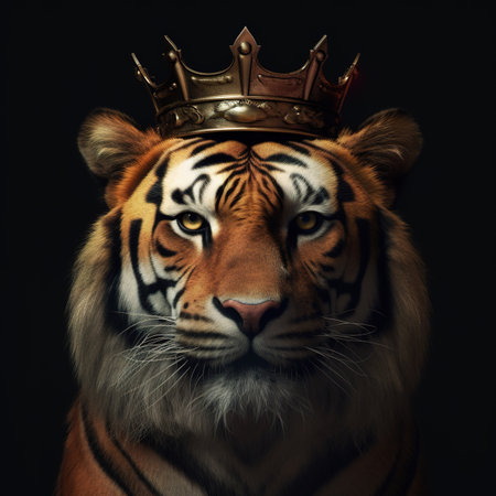 Portrait of a tiger in a crown on a black background.の素材