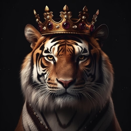 Portrait of a tiger in a crown on a black background.の素材