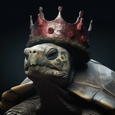 tortoise wearing a crown on a dark background, 3d renderの素材