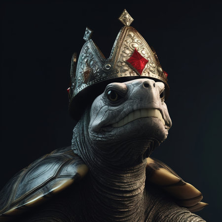 Portrait of a turtle with a crown on his head on a dark background.の素材