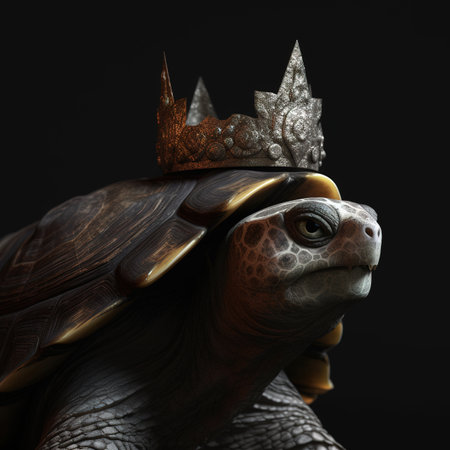 turtle in a crown on a black background. 3d illustrationの素材