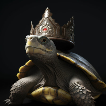 turtle with a crown on his head on a black background.の素材
