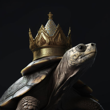 Turtle with golden crown on black background. 3d illustration.の素材