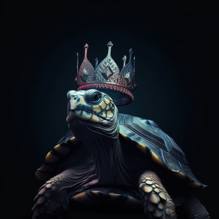 Portrait of a turtle wearing a crown on a black background.の素材