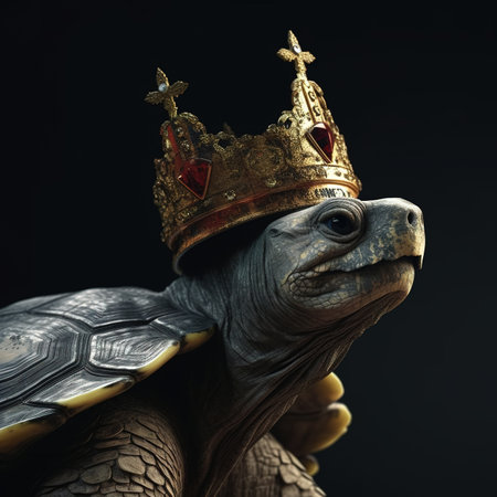 Portrait of a turtle with a crown on a black background.の素材