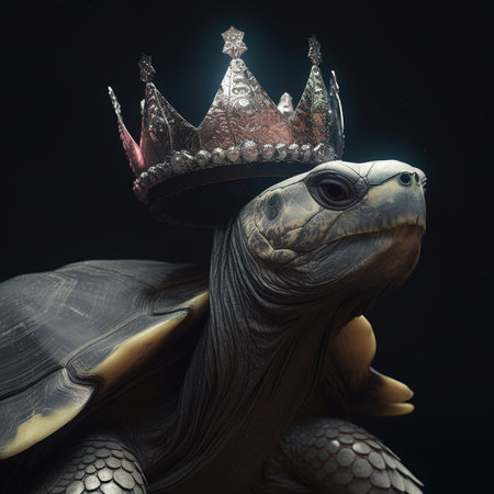 turtle in a crown on a black background. 3d renderingの素材