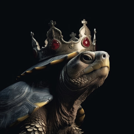 Portrait of a tortoise in a crown on a black background.の素材