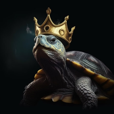 turtle with golden crown isolated on black background. 3d illustrationの素材
