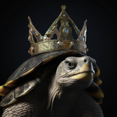 tortoise in a crown on a black background. 3d renderの素材