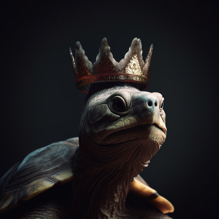 Portrait of a turtle with a crown on his head on a dark background.の素材