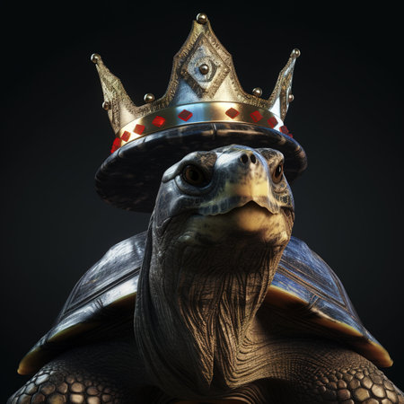 turtle wearing a crown on a black background. 3d renderingの素材