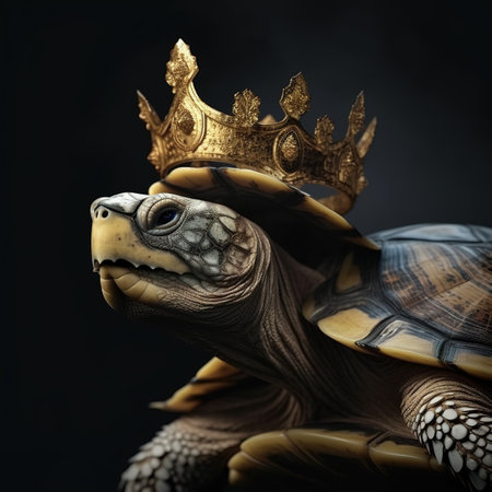 turtle with golden crown on a black background, close-upの素材