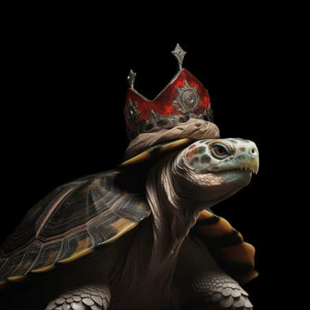 turtle with crown on head isolated on black background. 3d illustrationの素材