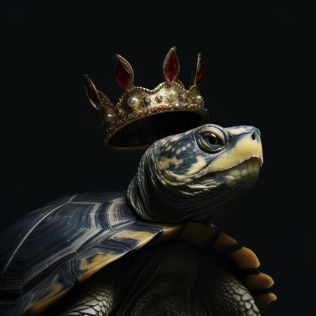 turtle wearing a crown on his head on a black background.の素材
