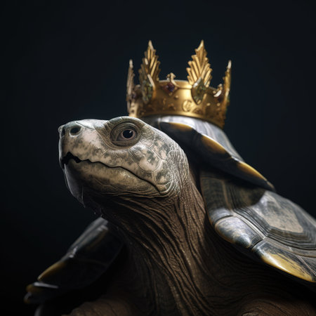 Portrait of a turtle with a crown on a black background.の素材