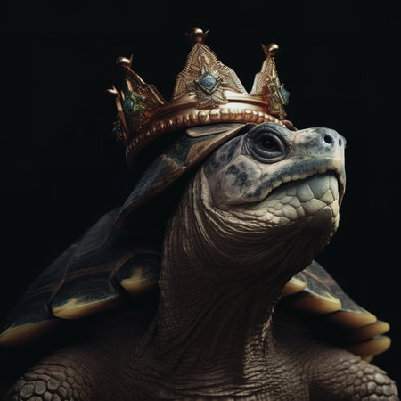 Portrait of a turtle wearing a crown on a black background.の素材