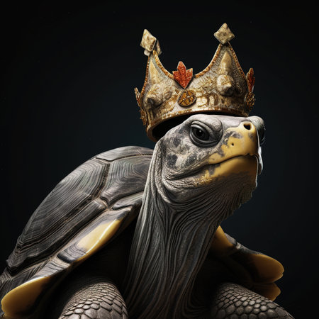 Portrait of a turtle wearing a golden crown on a black backgroundの素材