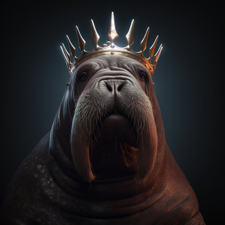 Portrait of a walrus in a crown on a black backgroundの素材