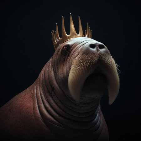 Walrus with golden crown on black background. 3d illustration.の素材