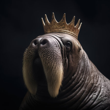 Portrait of a walrus in a crown on a black backgroundの素材