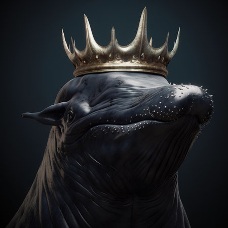 Black seal with golden crown on his head. 3D illustration.の素材