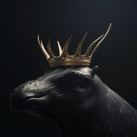 Portrait of a seal wearing a golden crown on a black backgroundの素材