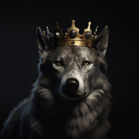 Portrait of a wolf in a golden crown on a black background.の素材