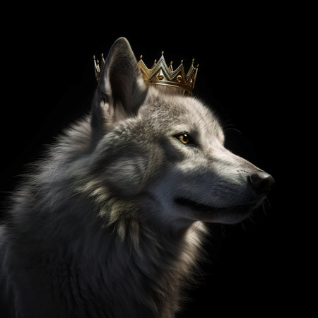 Portrait of a wolf in a golden crown on a black backgroundの素材