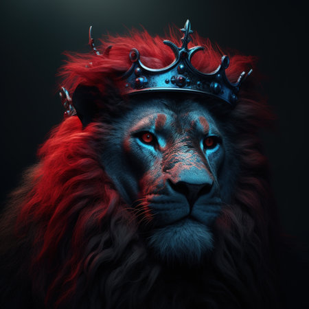 Lion king with crown on his head. Fantasy animal portrait.の素材