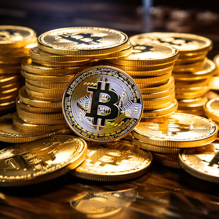 Golden bitcoin on a pile of gold coins. Cryptocurrency concept.の素材