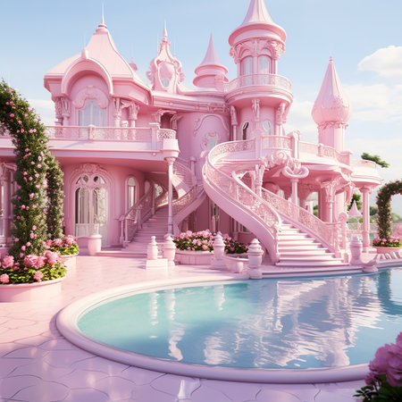 Pink castle with swimming pool in the garden. 3d rendering.の素材