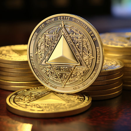 Physical version of Ethereum, golden coins. Conceptual image for investors in cryptocurrency and Blockchain technology.の素材