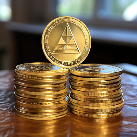 golden ethereum coin on a stack of coins, 3d renderの素材