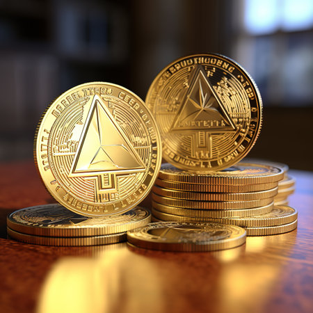 Golden ethereum coin on a stack of coins. 3D renderingの素材