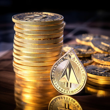 Physical version of Ethereum (ETH) and coins. Conceptual image for investors in cryptocurrency and Blockchain technology.の素材