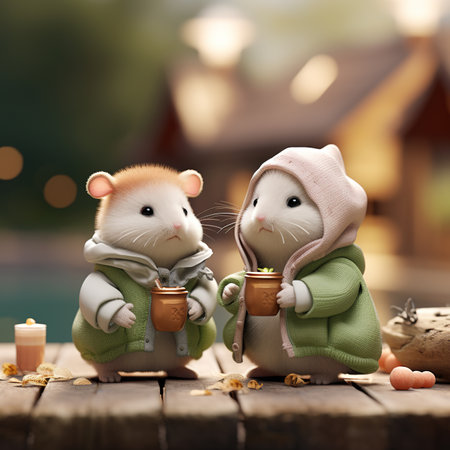 Two cute rats in warm clothes on a wooden terrace with candlesの素材