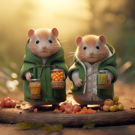 Two hamsters in a green coat with a glass of juice.の素材