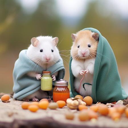 Hamsters in a green plaid with a jar of orange juice in the autumn forestの素材