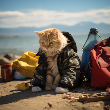 Cute cat sitting on the beach with a backpack and water bottleの素材