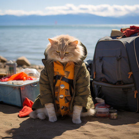 Funny cat with backpack on the beach near the sea in summerの素材
