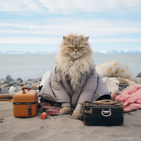 A cat sitting on the beach with a suitcase and a bag.の素材