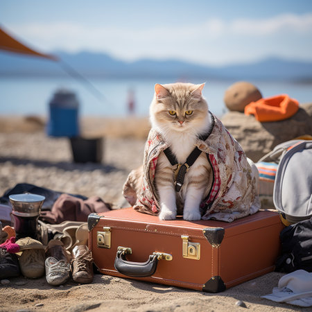 Cute cat sitting on a suitcase at the beach. Summer vacation concept.の素材