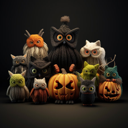 Halloween pumpkins and owls on dark background. 3d illustrationの素材