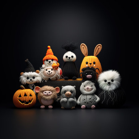 Halloween background with funny monsters and pumpkins. 3d renderの素材