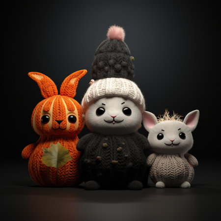 Group of knitted rabbits on black background. 3D illustration.の素材