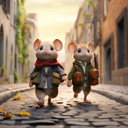 Two rats walking on the street in the old town. 3d renderingの素材