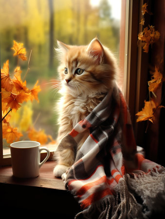 Cute ginger kitten wrapped in plaid sitting on window sill with cup of tea and autumn leaves.の素材