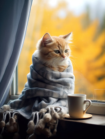 Cute ginger cat wrapped in a warm plaid and a cup of coffee on the windowsill.の素材